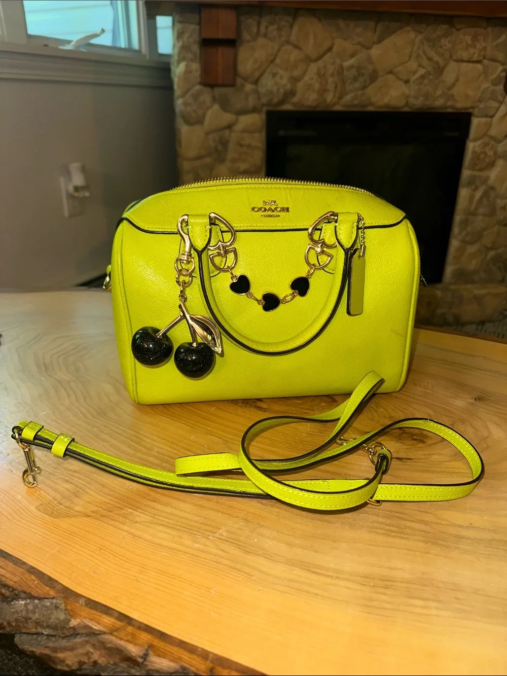 💚💛💚💛Coach Neon Yellow/lime Saffiano Leather Satchel with Cherry Charm